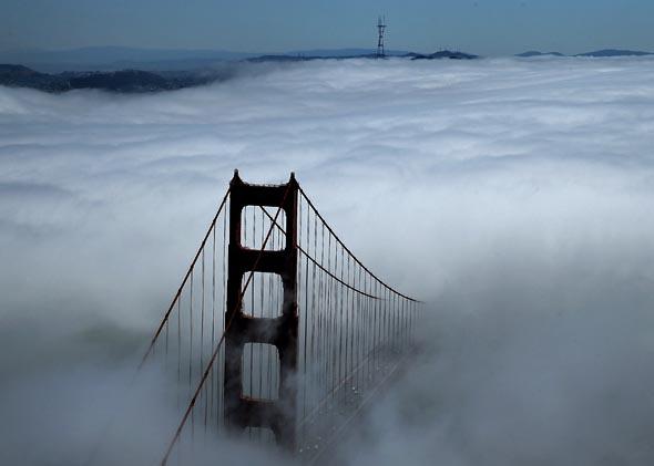 The north tower of the Golden Gate Bridge is seen surrounded by fog on September 8, 2013 in San Francisco, California.