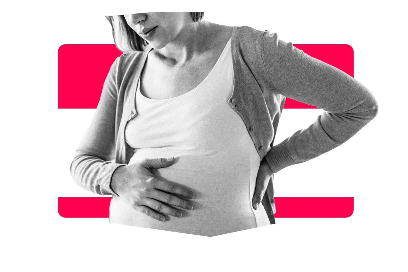 A pregnant woman holds her belly with one hand and her hip with the other hand in front of a nametag graphic