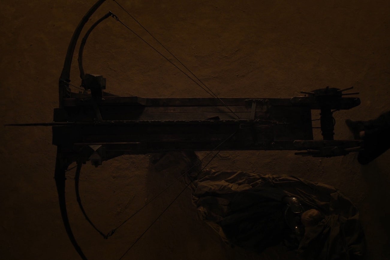 A massive mounted crossbow, photographed from above.