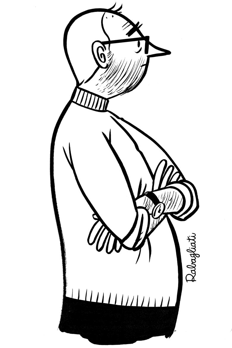 A cartoon of a middle-aged man standing with his arms folded