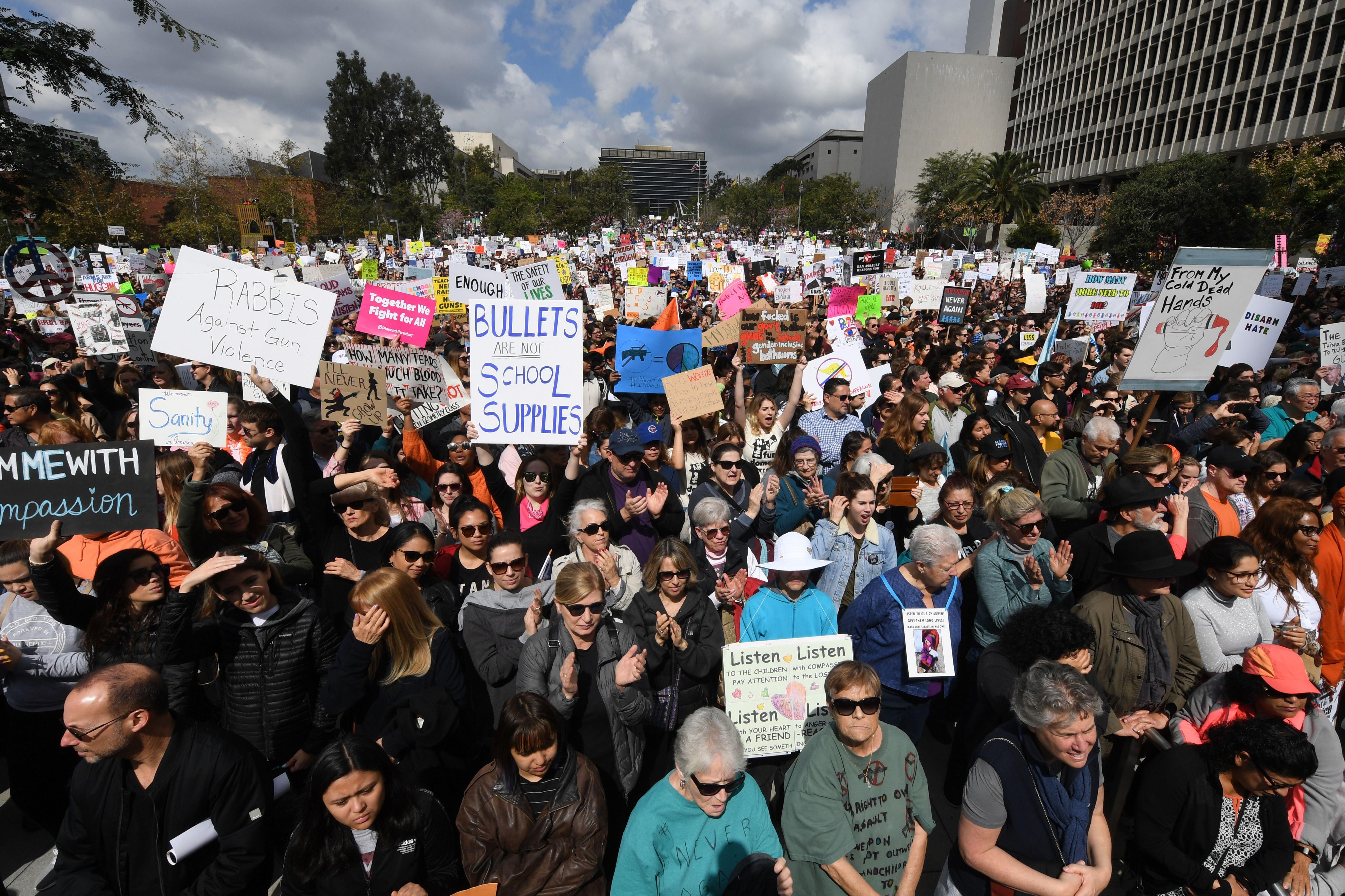 A large crowd gathers to protest for tighter gun laws during the student organized March For Our Lives rally in Los Angeles, California on March 24, 2018. 