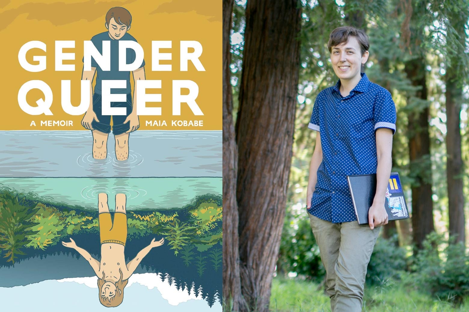 The book cover includes a drawing of, on the top, a person wading in fresh water with hair on their legs and a T-shirt on. On the bottom of the cover, a sort of mirror image, with a young person with long hair and no shirt. Then to the right, a photo of Maia Kobabe, in long pants, medium-length hair, and a short sleeve blue button down.