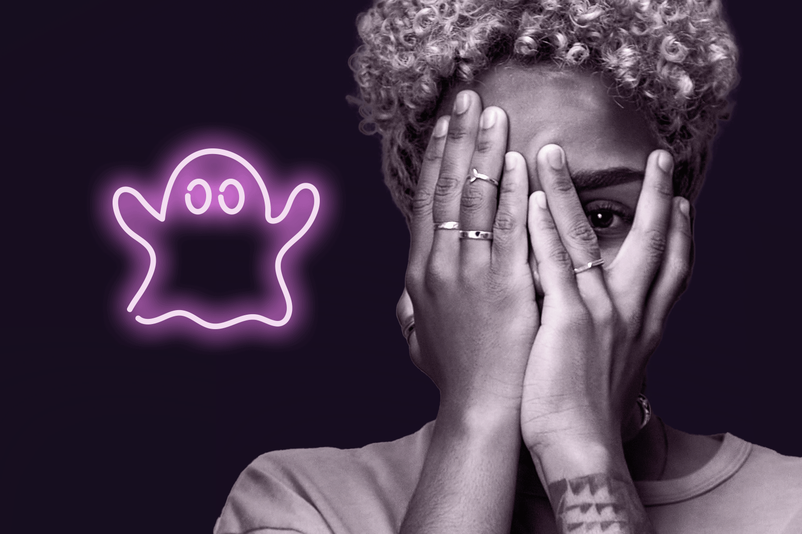 Woman peeking one eye out while covering her face with her hands, and a ghost emoji.