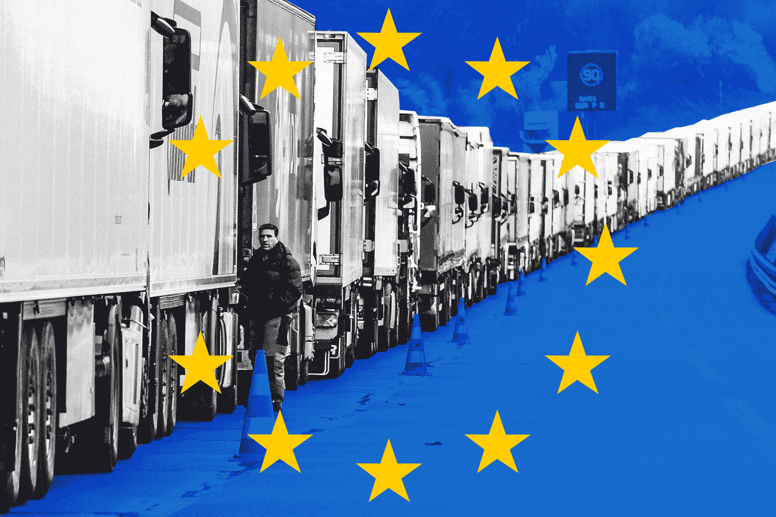 Trucks backed up while trying to make their way to the Channel Tunnel, near Calais, northern France,