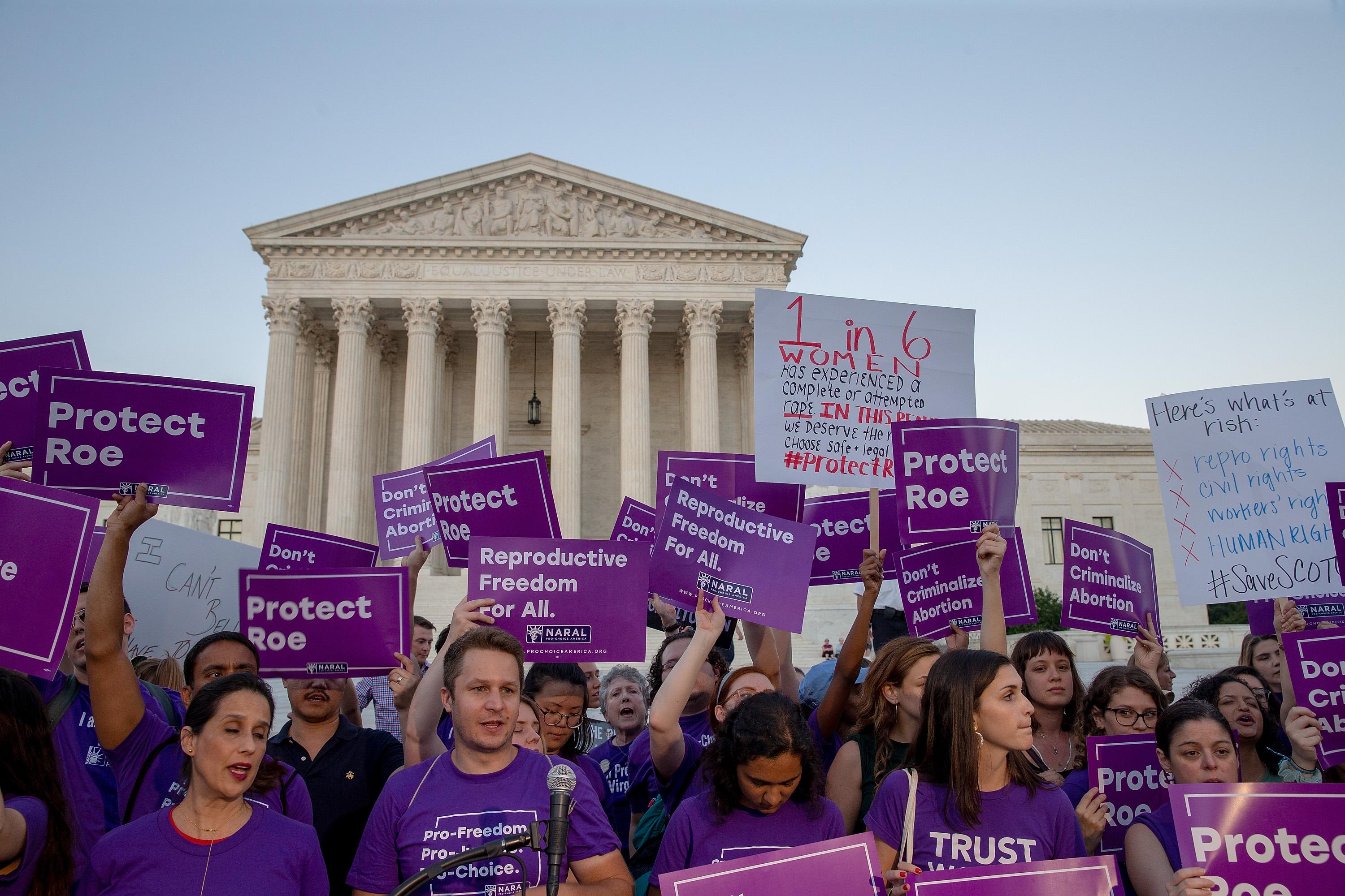 Pro-choice protesters demonstrate in front of the U.S. Supreme Court on July 9, 2018.