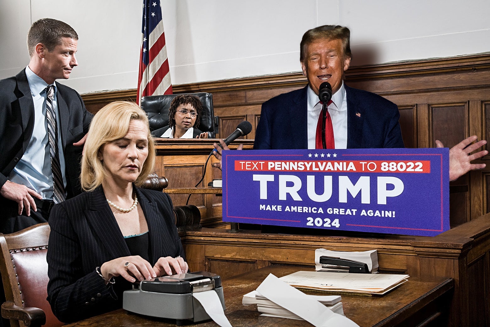 A photo illustration of a cardboard cutout of Trump at the witness stand in a courtroom, with a judge and an attorney looking on and a stenographer taking notes on a typewriter.