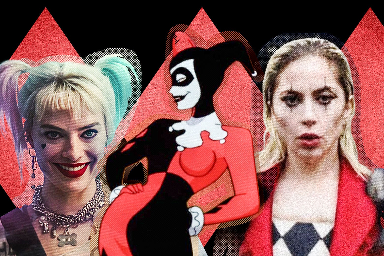 Various Harley Quinns over the years: the animated version, Margot Robbie's portrayal, and the most recent, Lady Gaga's Harley in Joker 2.