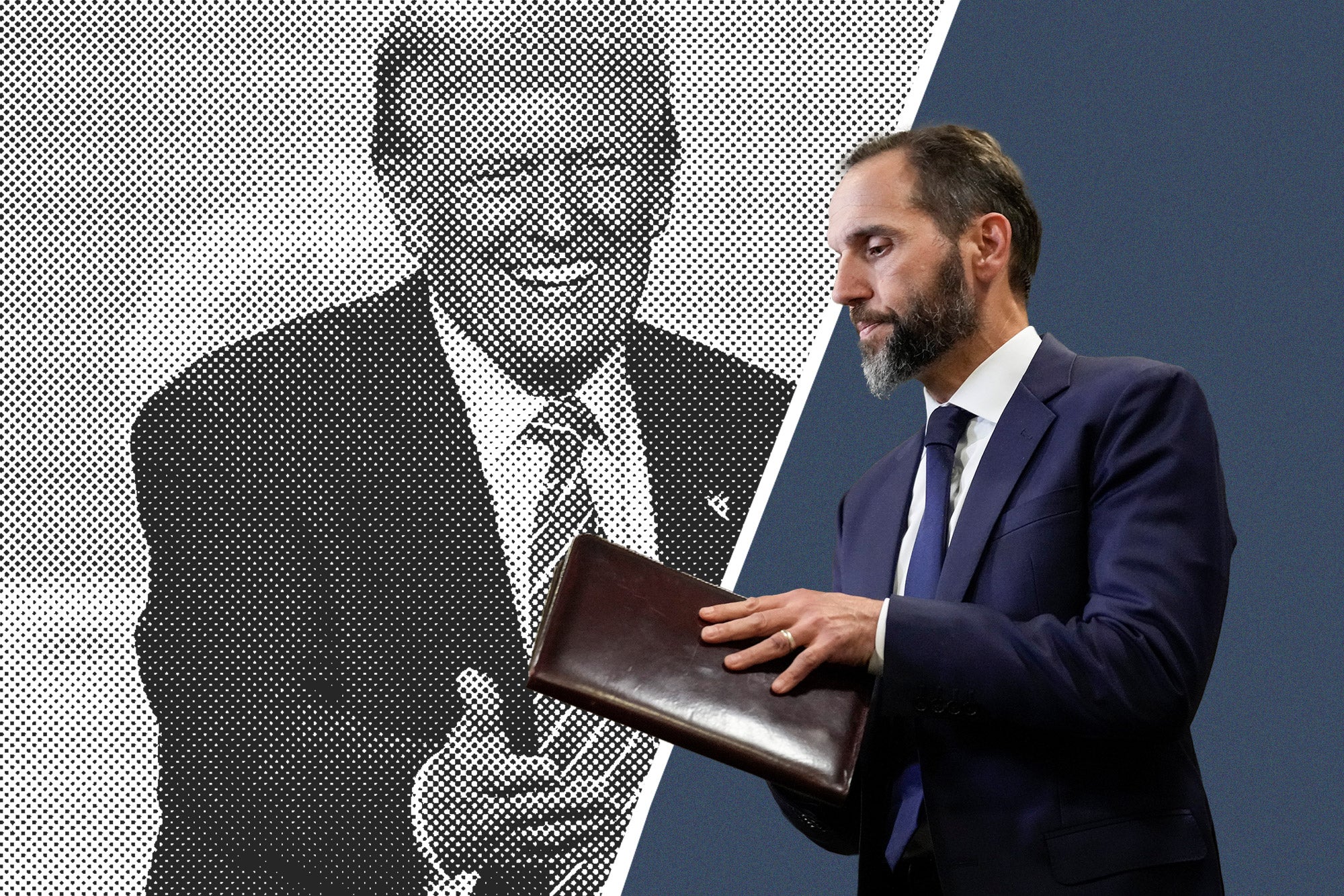 Jack Smith holding a folder, and Trump smiling widely.