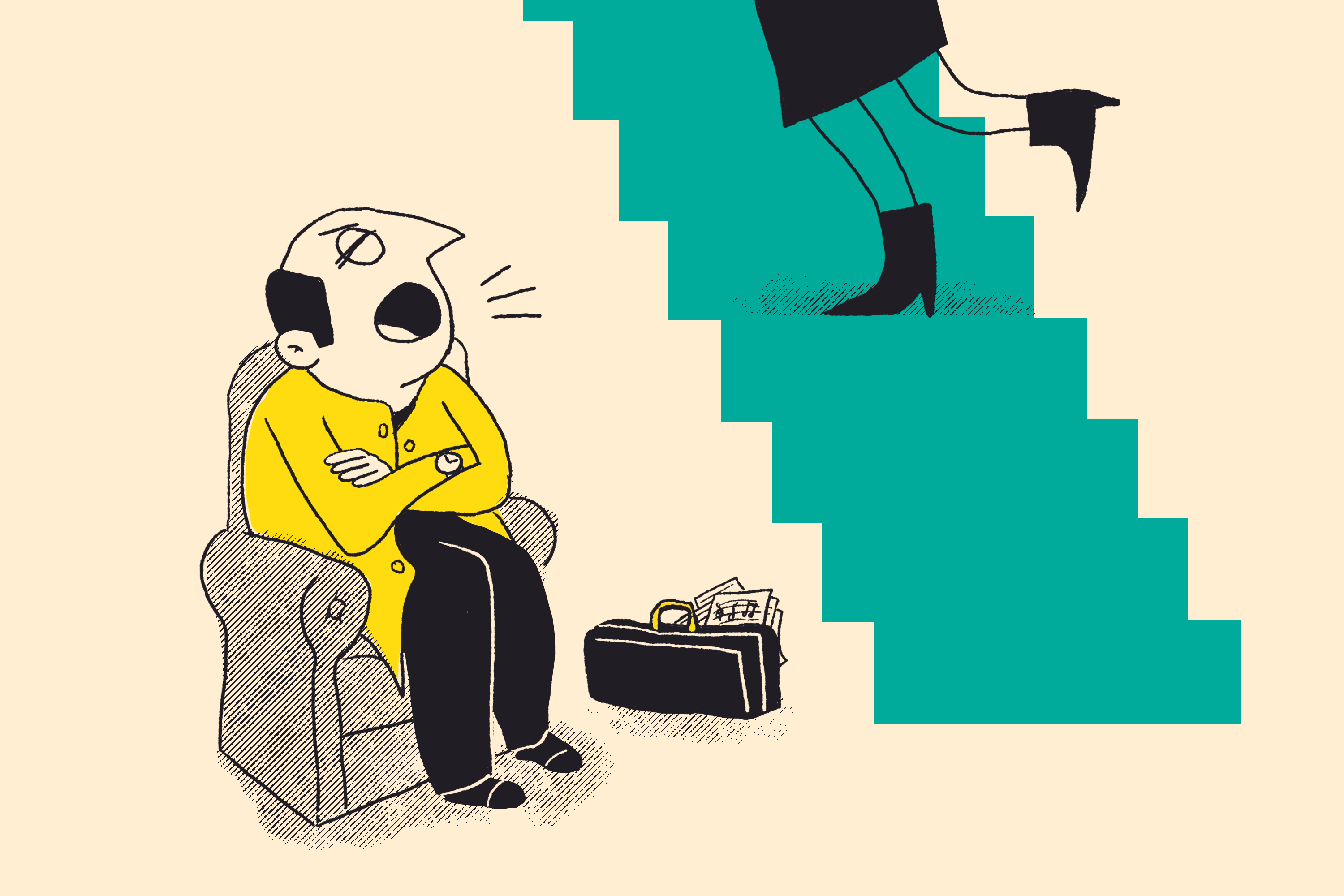 A man sitting in an easy chair yells as a young woman stomps up the stairs.
