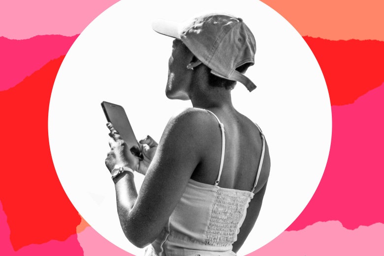 Collage of a woman looking at her smartphone on a white circle and pink background.