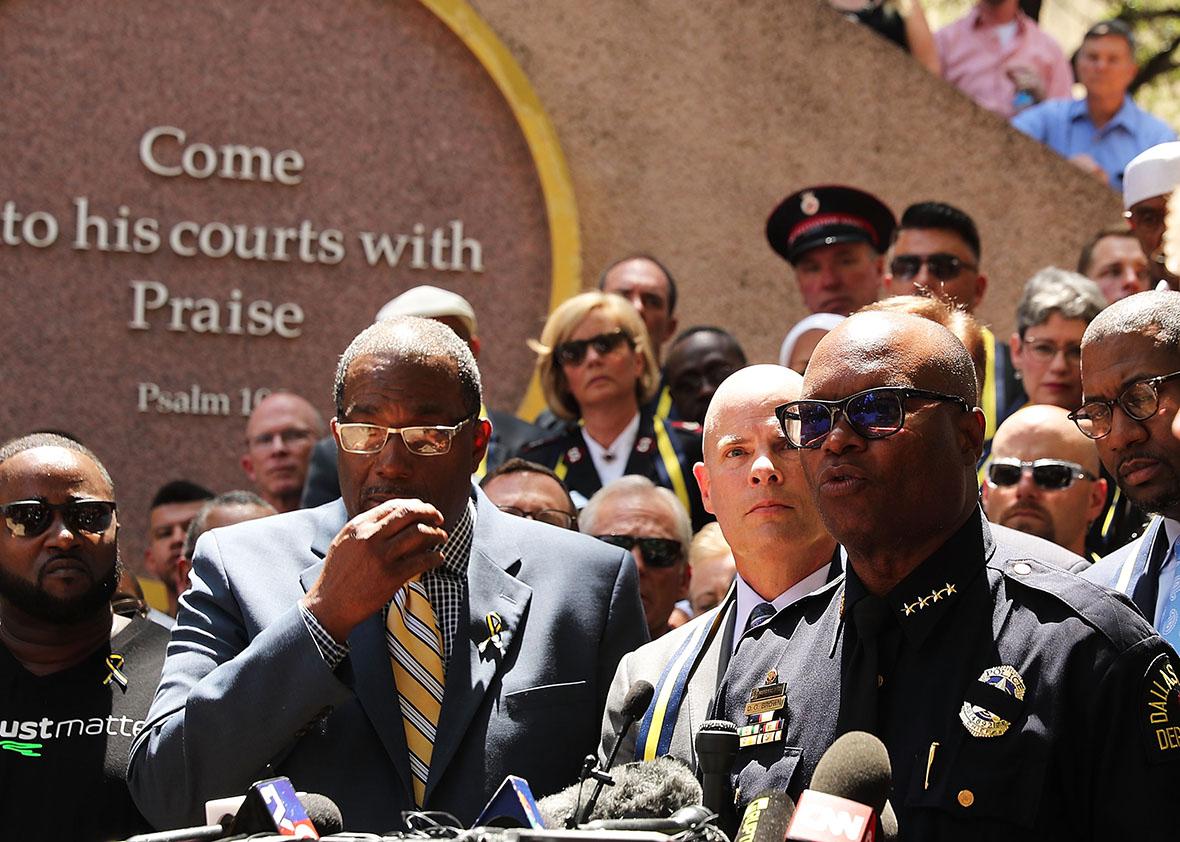 Dallas Police Chief David Brown speaks at a prayer vigil following the deaths of five police officers last night during a Black Live Matter march on July 8, 2016 in Dallas, Texas. 