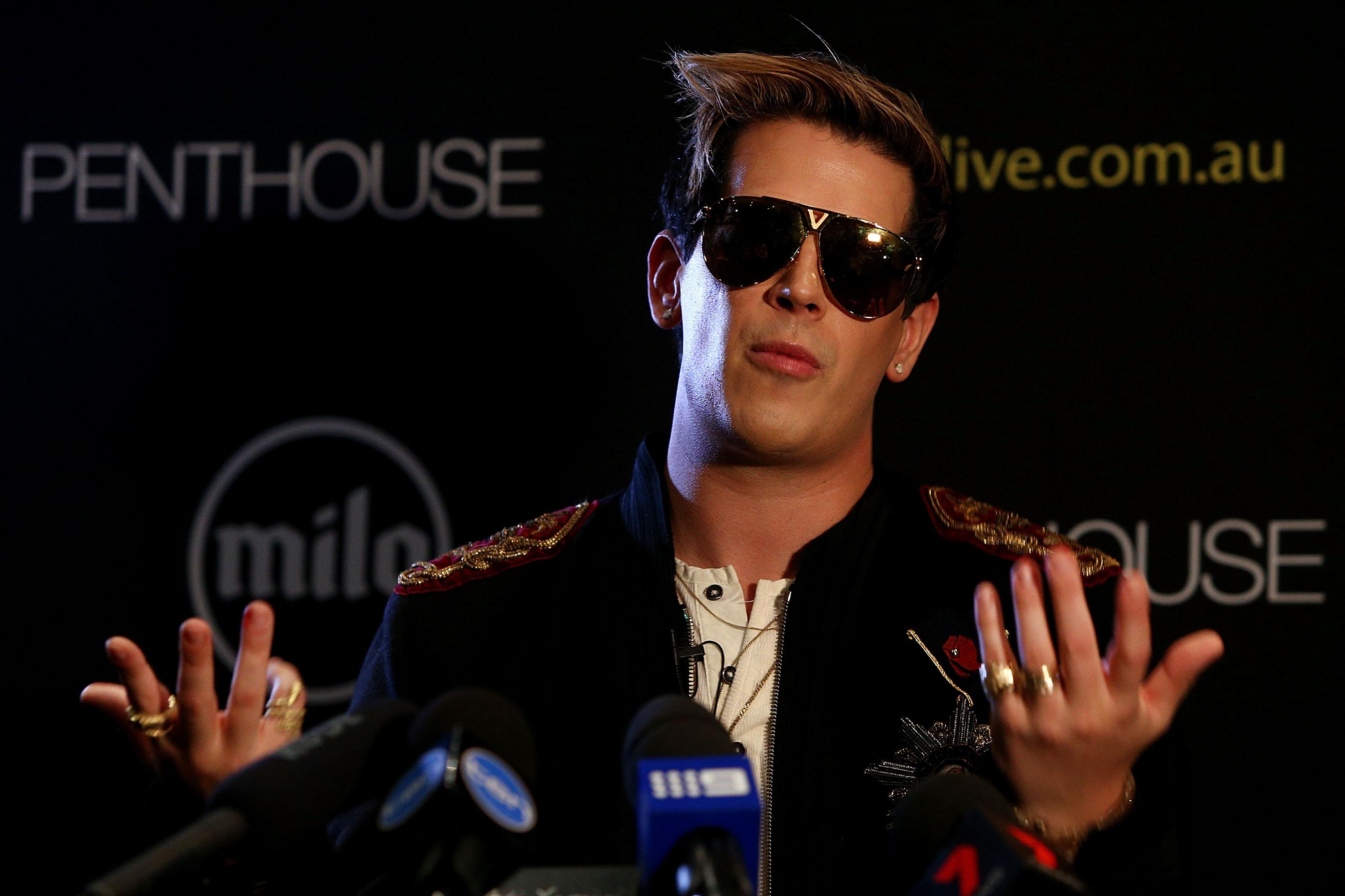 SYDNEY, AUSTRALIA - NOVEMBER 29:  Milo Yiannopoulos speaks during a press conference on November 29, 2017 in Sydney, Australia. Yiannopoulos is in Australia for his Troll Academy Tour.  (Photo by Lisa Maree Williams/Getty Images)