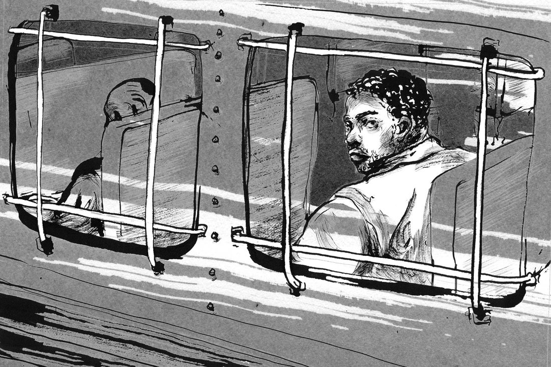 Prison bus transport illustration: An inmate looks out the barred bus window.