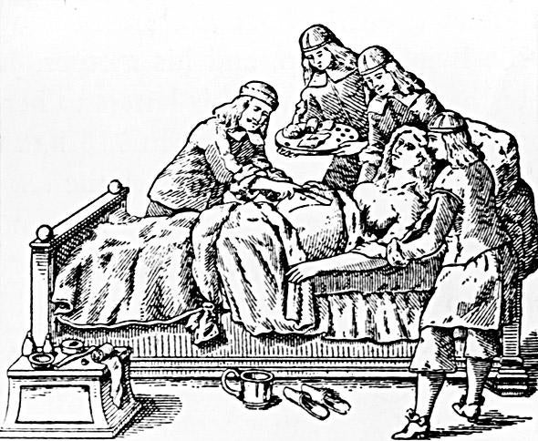 Doctors perform a caesarean section, circa 1650. Woodcut from the works of 17th Century surgeon Johann Schultes.