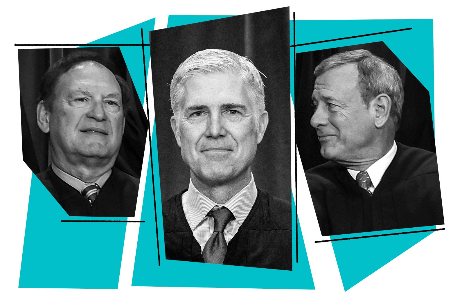 Supreme Court Justices Samuel Alito, Neil Gorsuch, and John Roberts.