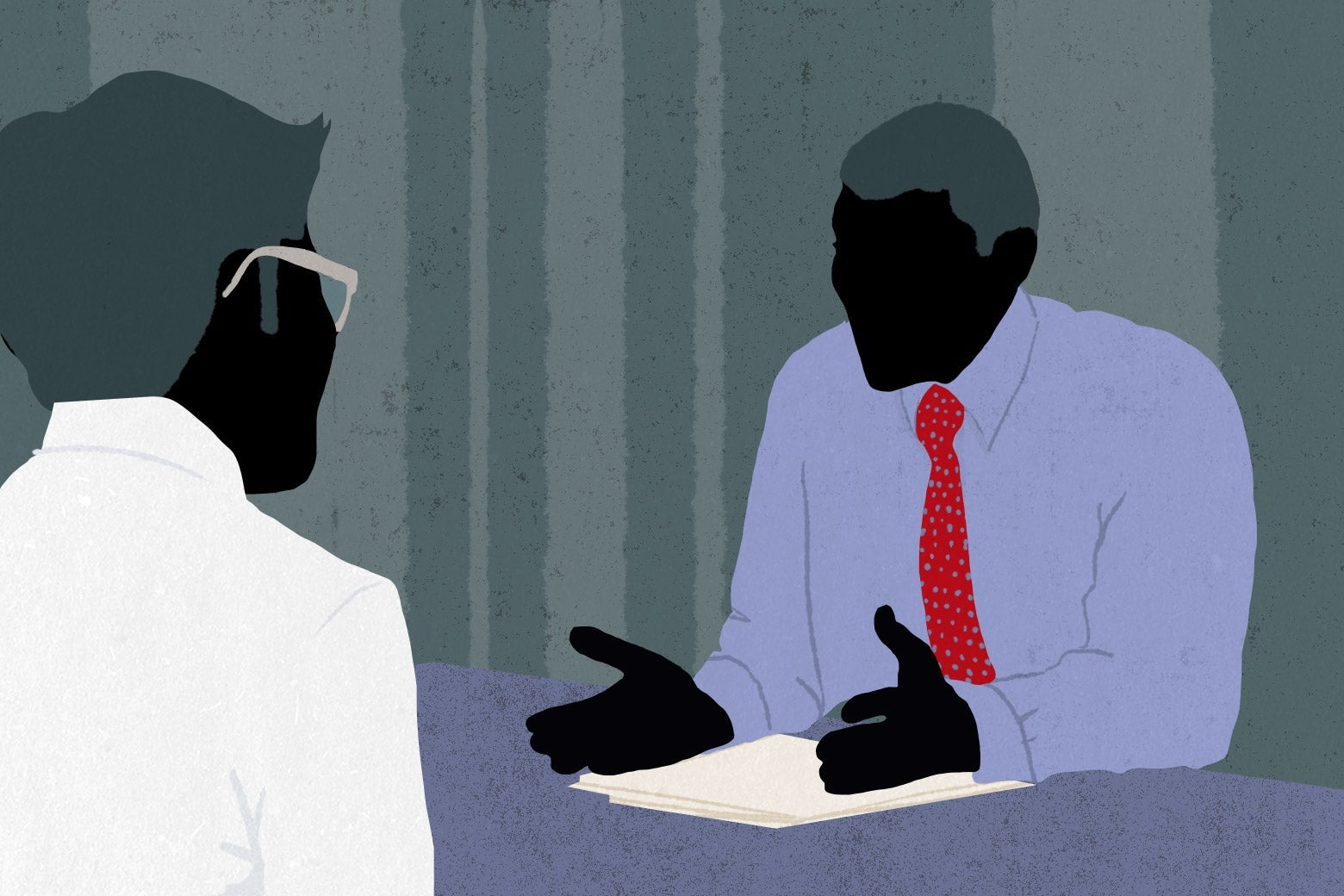 An illustration of a man interviewing another man.