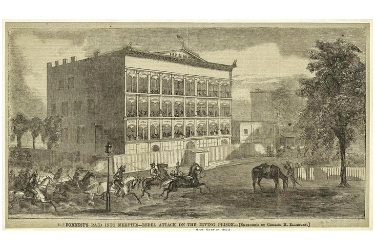 A drawn depiction of Forrest's raid of the Irving Prison