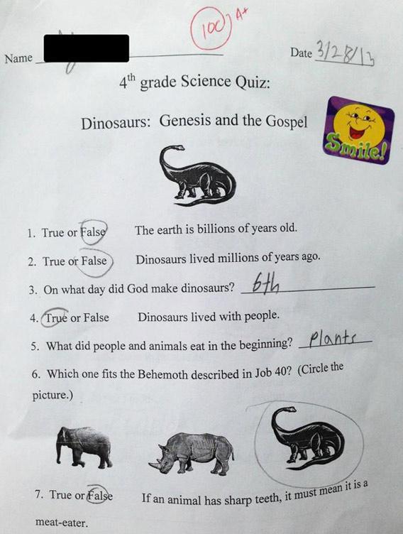 Creationism in school: Science quiz gets it totally wrong.