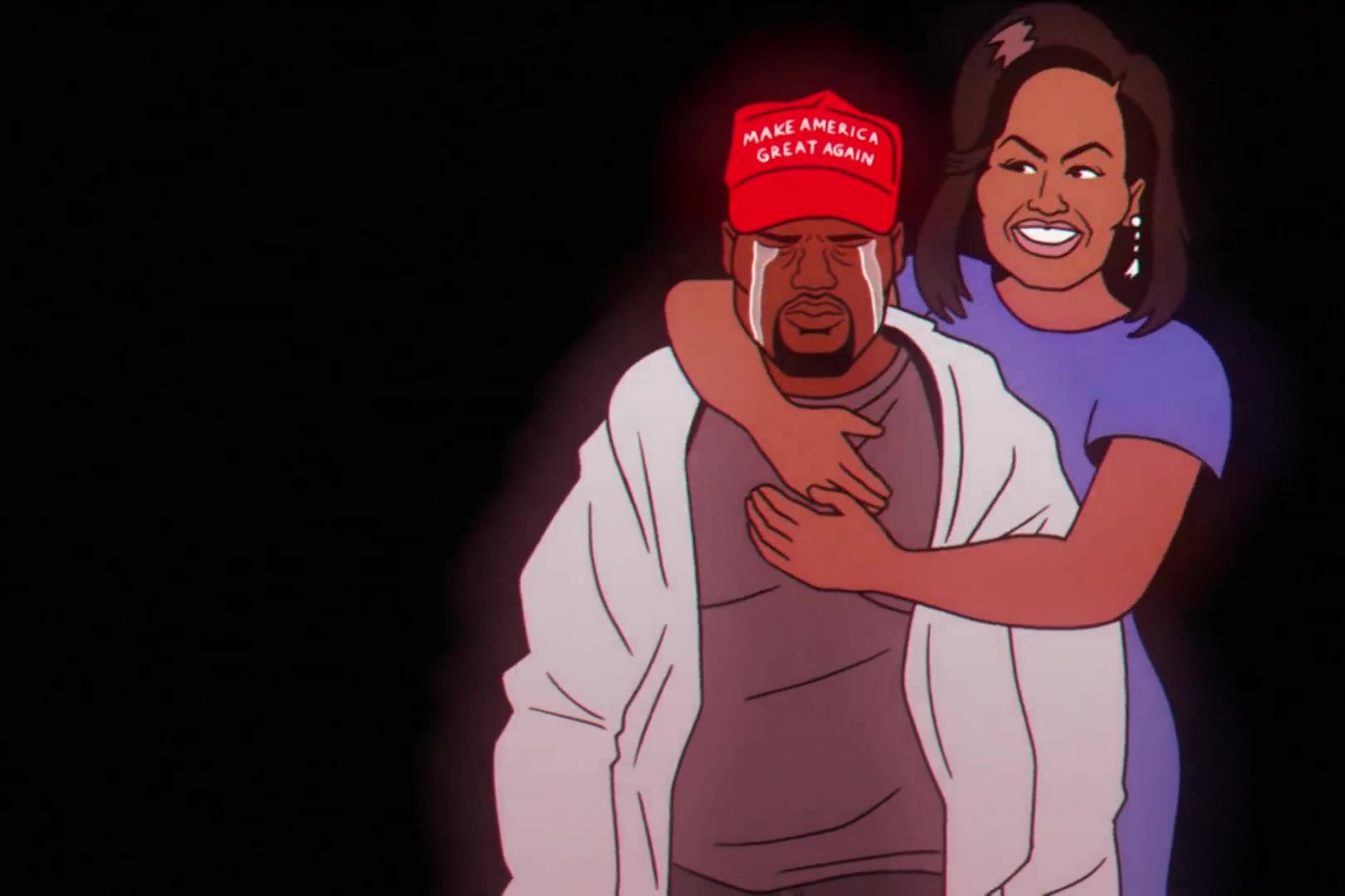 An animated version of Michelle Obama hugging an animated version of Kanye West, who is wearing a "Make America Great Again" hat.
