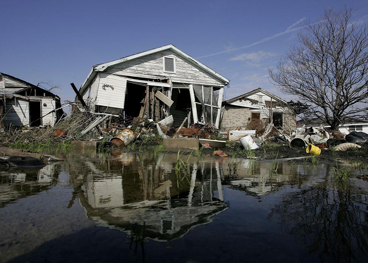 A damaged home is seen in the Lower Ninth Ward on February 22, 2