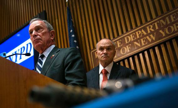 New York City mayor Michael Bloomberg (L) and city police commissioner Raymond Kelly hold a news conference with seized guns at the police headquarters in New York.