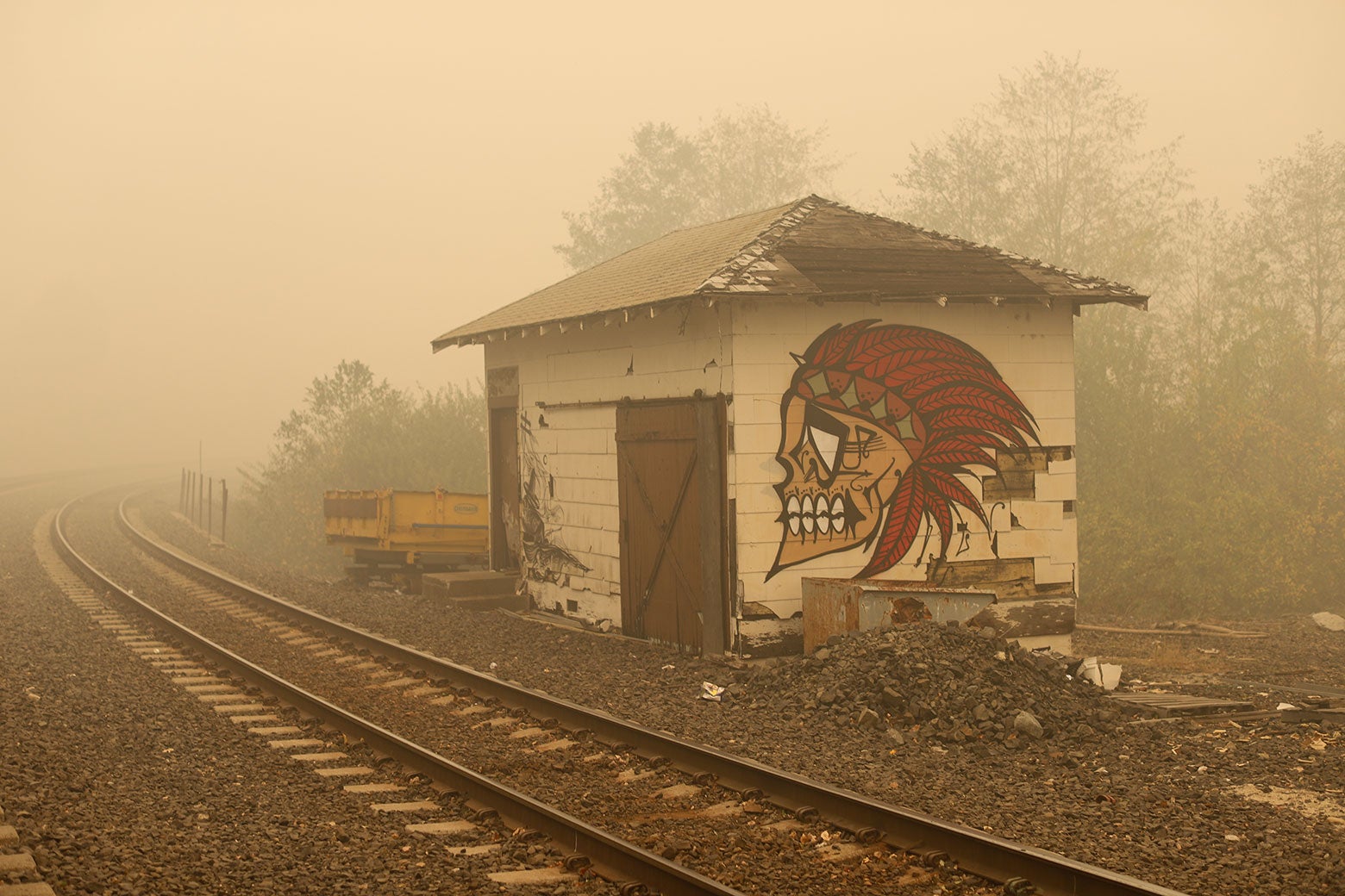 The Union Pacific railroad tracks that run through the town of Pulga, California.