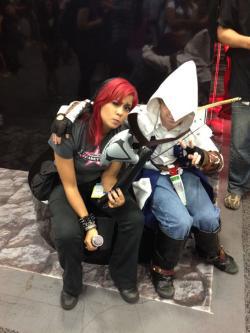 Meléndez with an Assassin's Creed 3 cosplayer taking a breather at the AC3 booth during San Diego Comic-Con 2012.