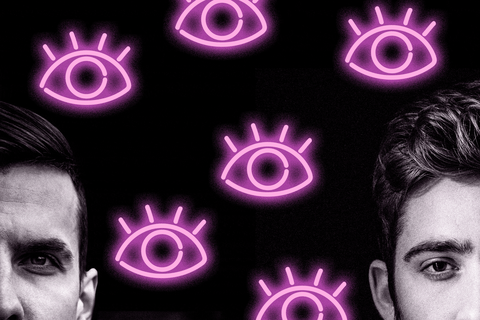 Partial view of the faces of two men with eyes behind them in neon lights.