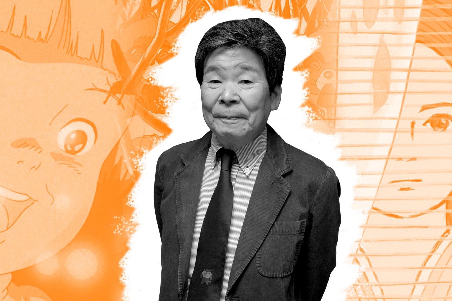 Isao Takahata in front of a collage of Studio Ghibli films.