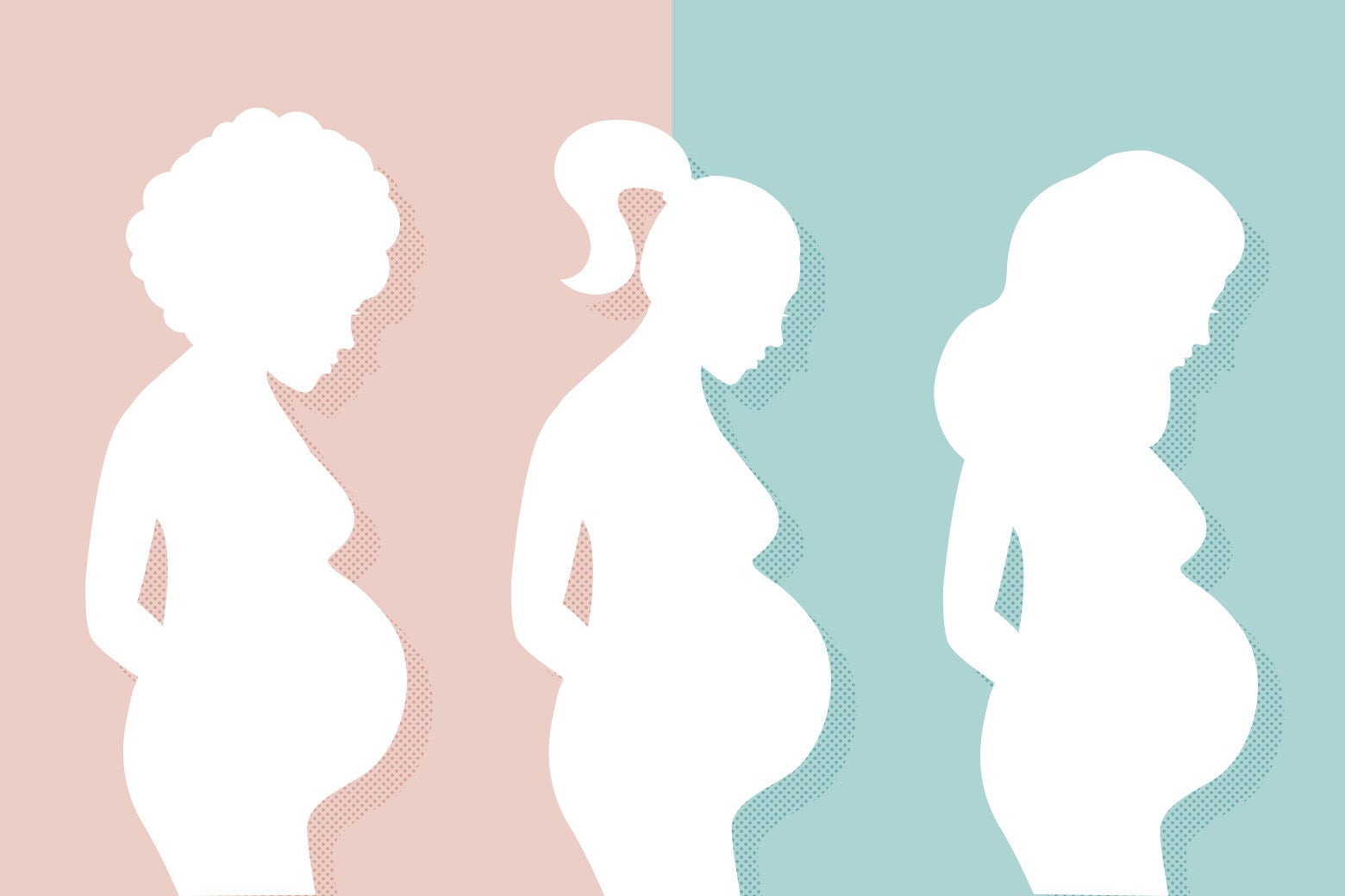 Silhouettes of three pregnant women looking down at and holding their bellies