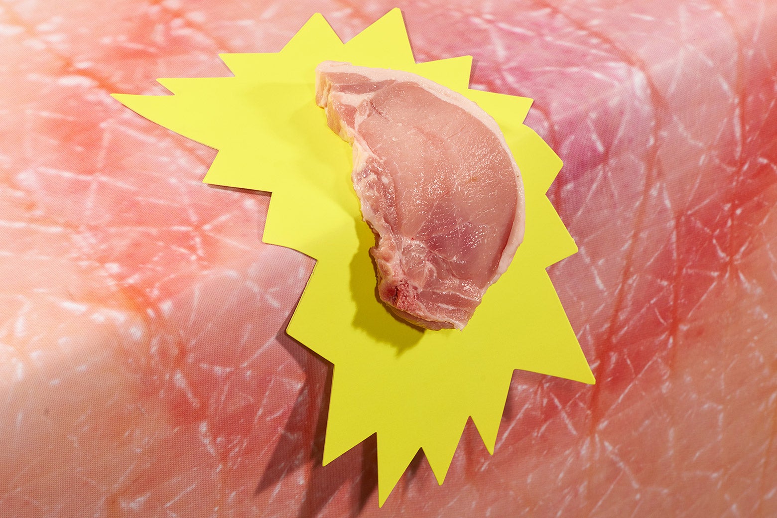 A pork chop on the edge of a counter.