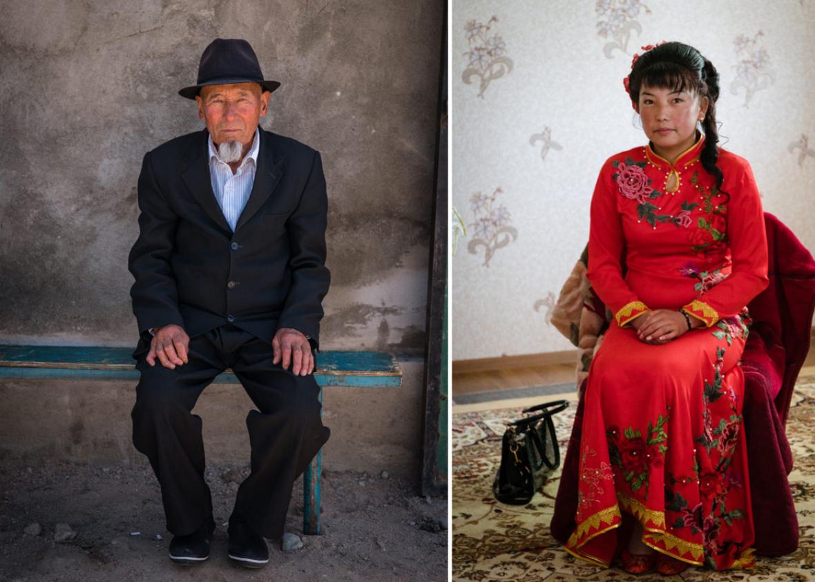 (L) Dungan gentleman outside the wedding party (R) The Dungan bride waiting for the dowry to be exchanged before meeting her husband