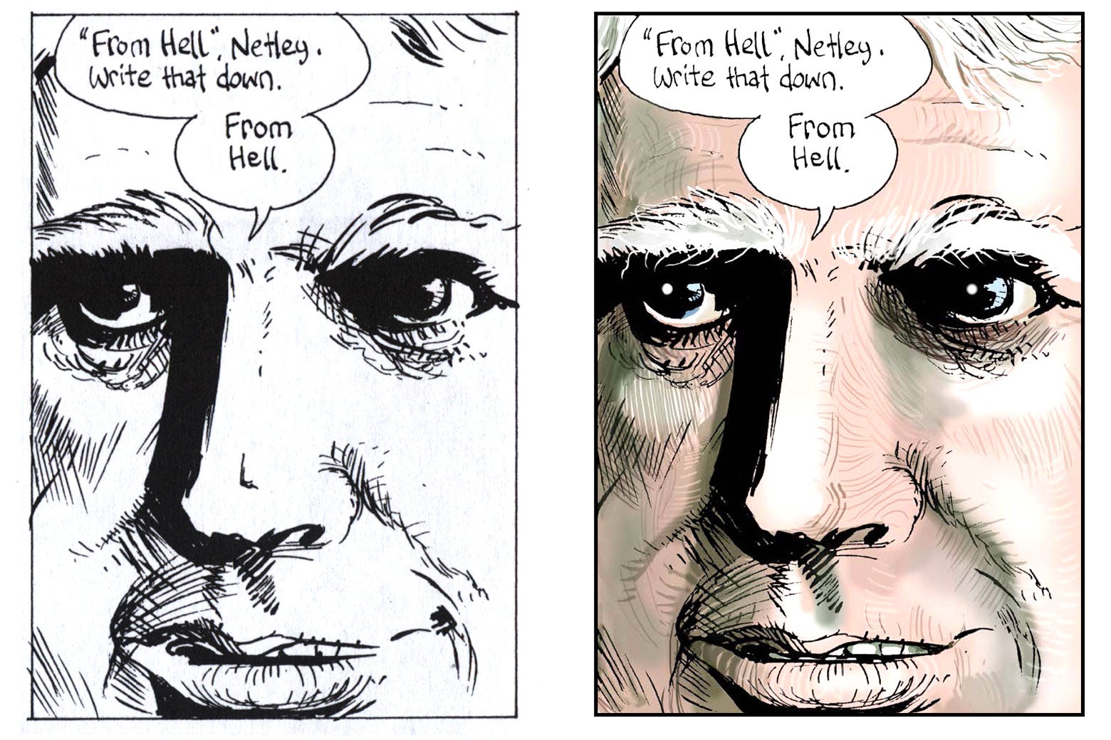 Side by side images: black and white and colorized "From Hell, Netley" panels.
