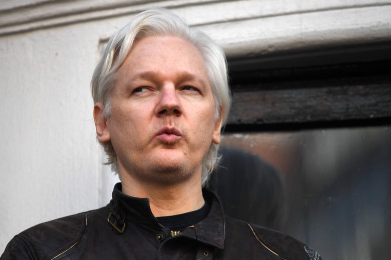 Wikileaks founder Julian Assange speaks on the balcony of the Embassy of Ecuador in London on May 19, 2017.