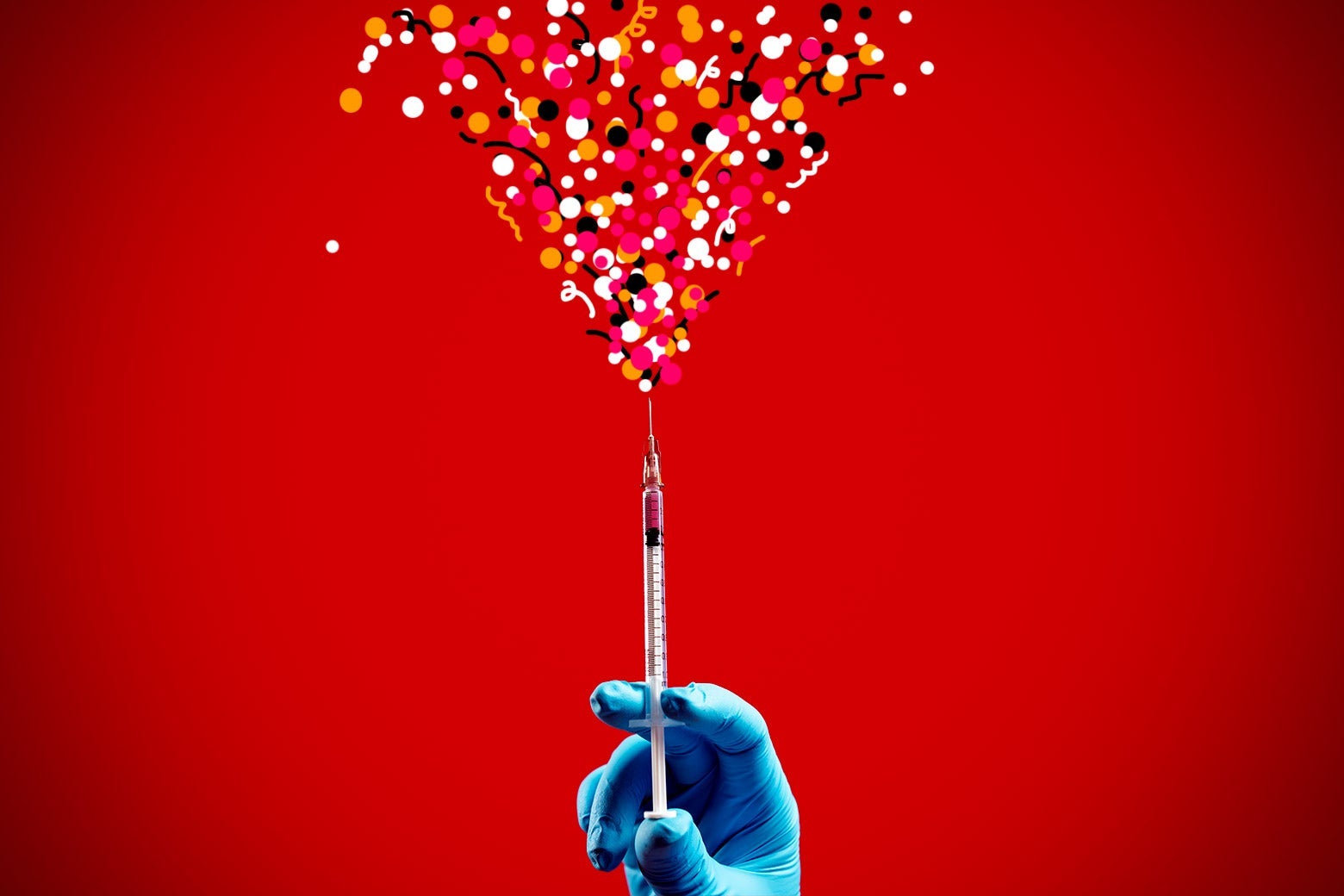 A syringe ejecting vaccine that turns into confetti against a red background.