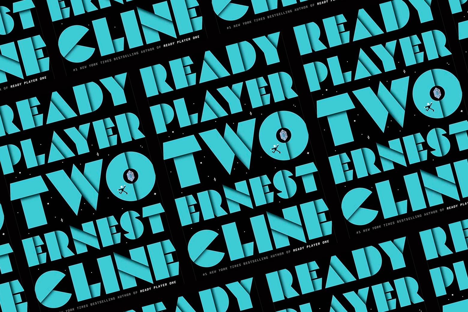 The cover of Ready Player Two, with bold blue lettering on a black background, in a repeating pattern.