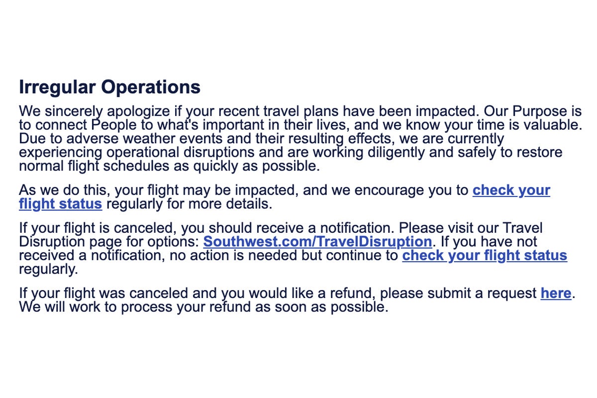 A screenshot of an email from Southwest. It says "Irregular operations" in bold at the top, and has a paragraph of text outlining the situation. At the bottom of the portion of the email in the screenshot, the text directs customers to a link where they can submit a request for a refund. 