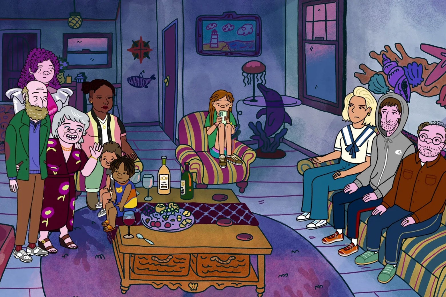 Three sullen-looking family members sitting on a couch glaring at other happy-looking people in the room.