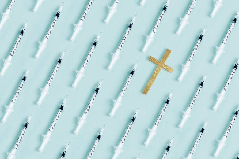 Many syringes and one cross on a blue background