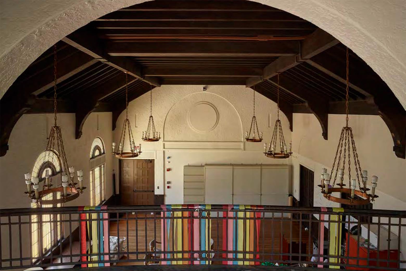 Wooden vaulted ceilings in a large open room.