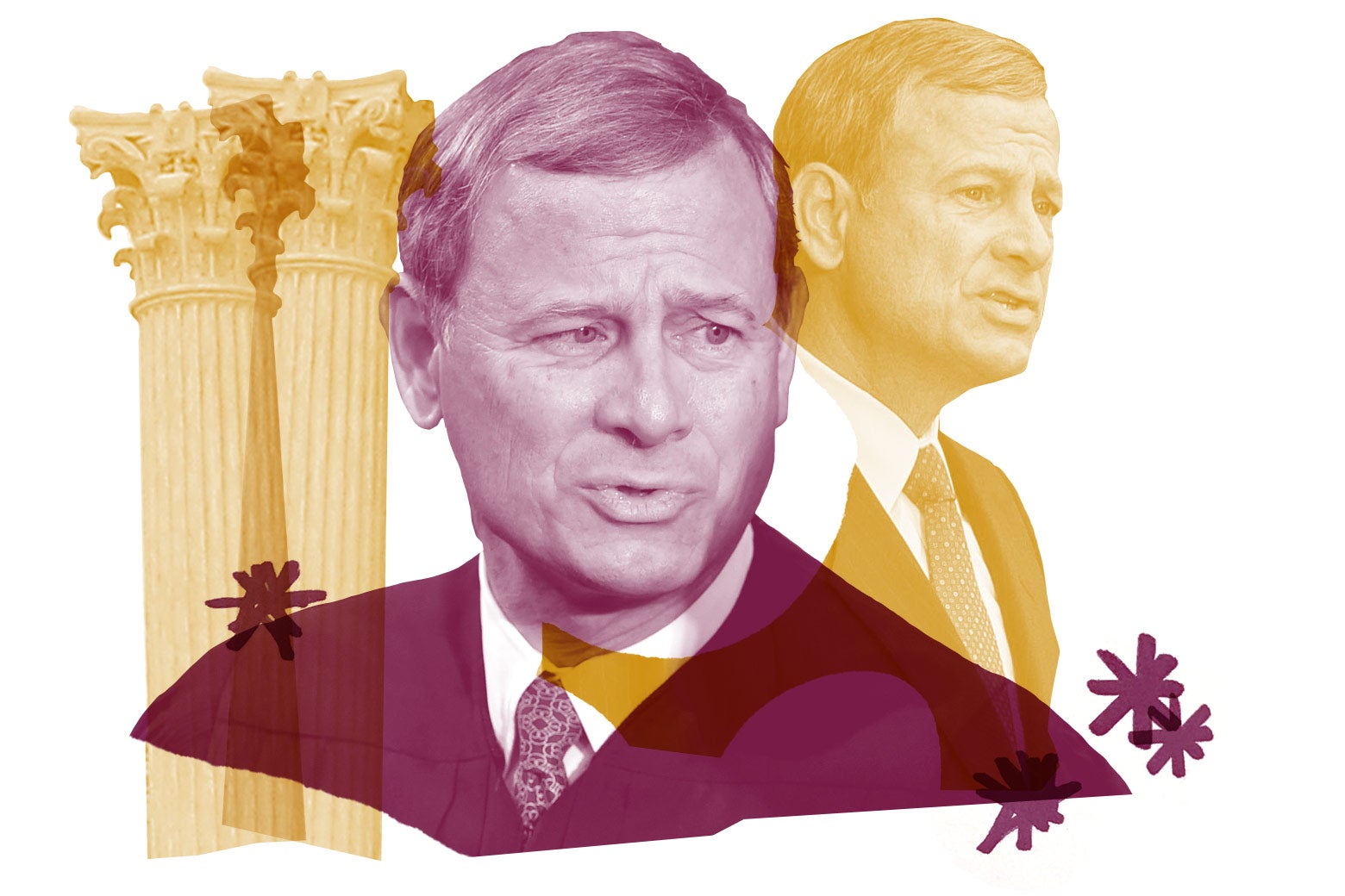 Collage of Chief Justice John Roberts and columns from the Supreme Court building.