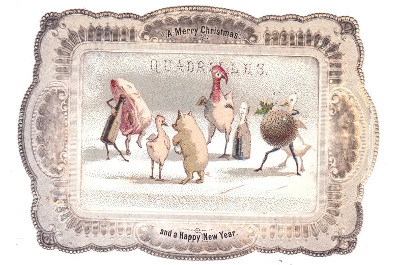Illustration of animals, wine bottles, and a piece of meat standing in pairs about to dance