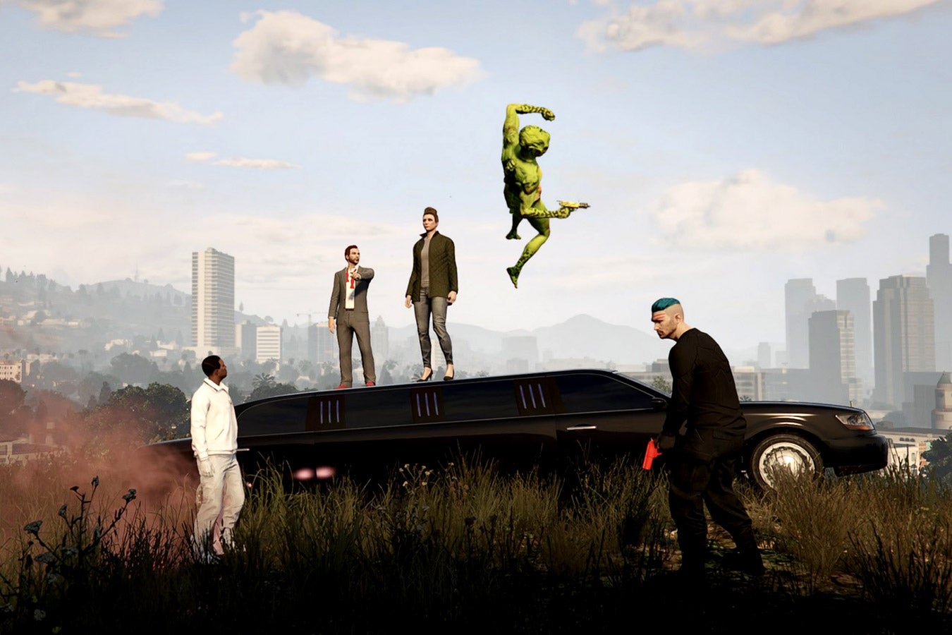 A shot from the movie has paused avatars standing on the roof of a limo against the skyline of Los Santos.