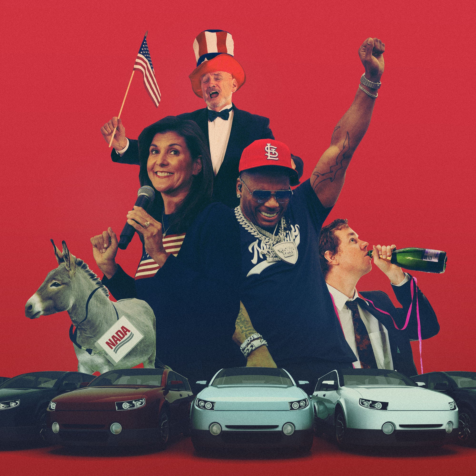 A collage of the NADA conference's most memorable characters, including Nelly, Nikki Haley, a drunk reveler, and the beer burro, atop a series of dealership cars.