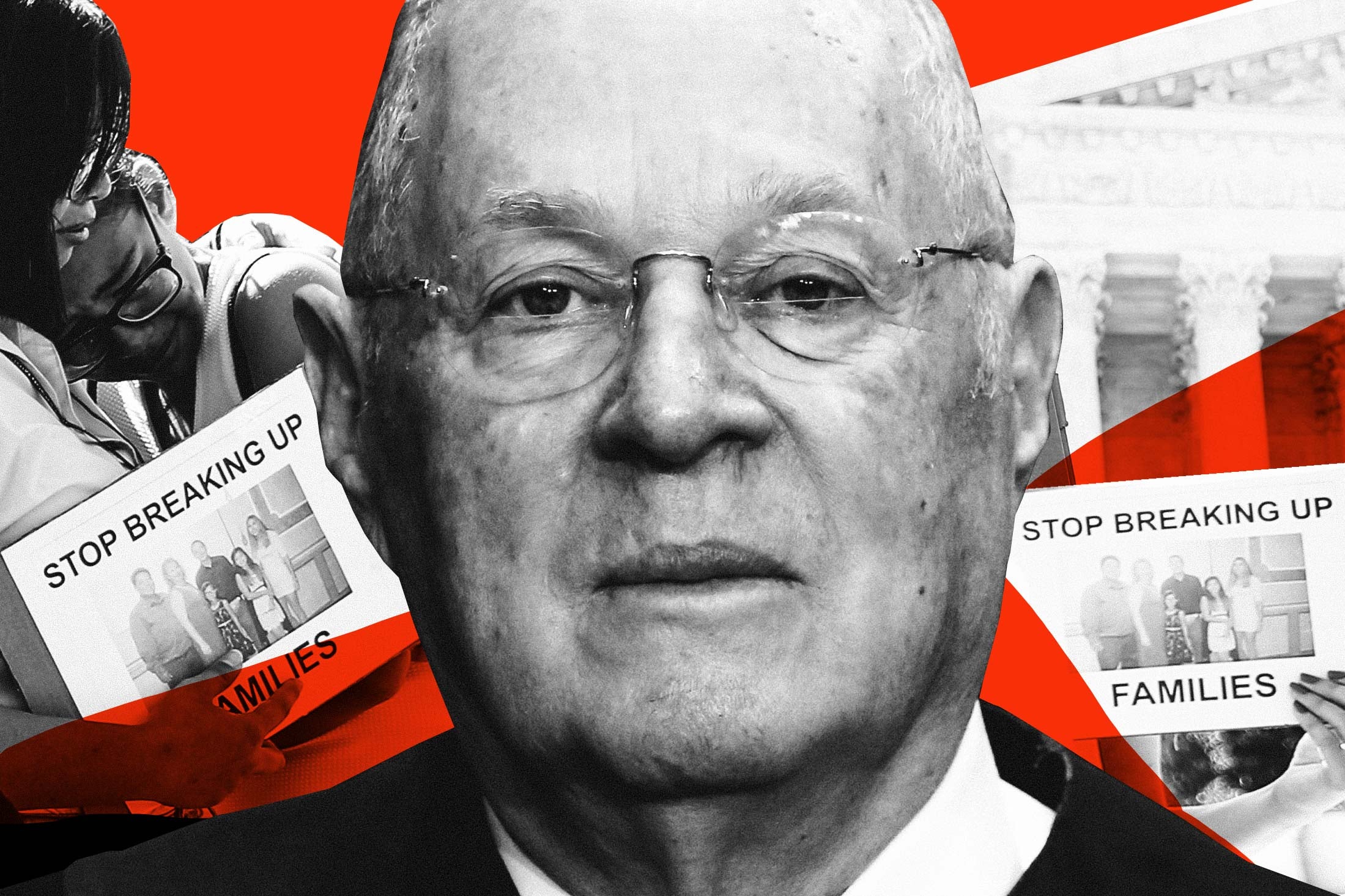 Photo illustration: An image of Justice Anthony Kennedy flanked by images of protests against the administration's family separation policy.