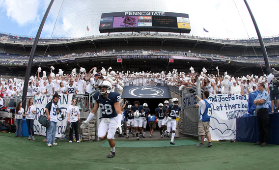Drew Astorino #28 of the Penn State Nittany Lions takes the field before the start of thier game against the Alabama Crimson Tide at Beaver Stadium on September 10, 2011 in State College, Pennsylvania.