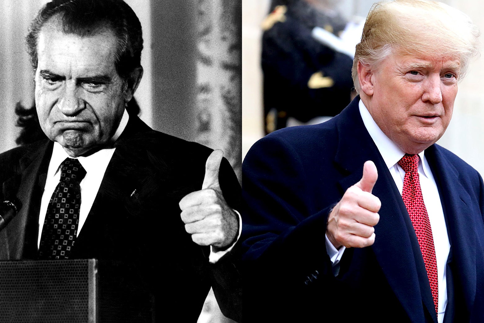 Photo illustration side-by-side of Richard Nixon and Donald Trump.