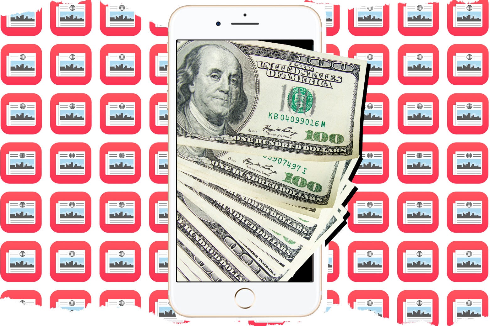 Hundred-dollar bills spill out of an iPhone against a tiled background of Apple News icons.