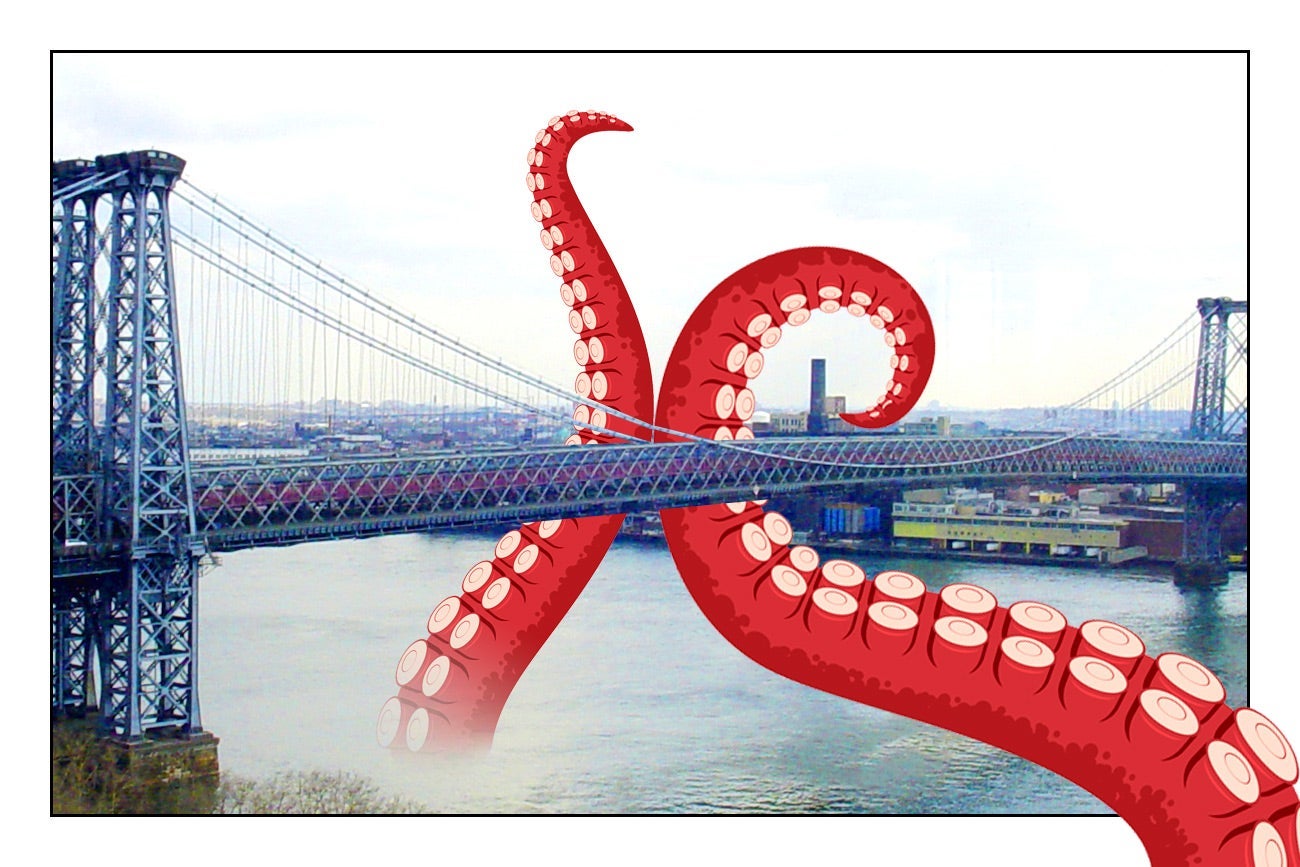 Giant octopus tentacles reaching up out of the water for the Williamsburg Bridge.