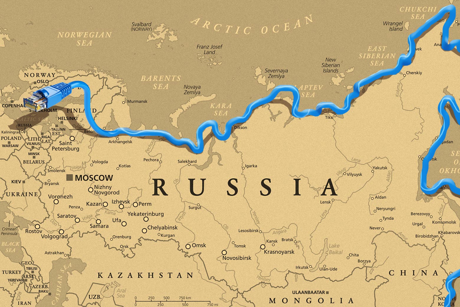 Photo illustration of a map of Russia outlined with an ethernet cable.